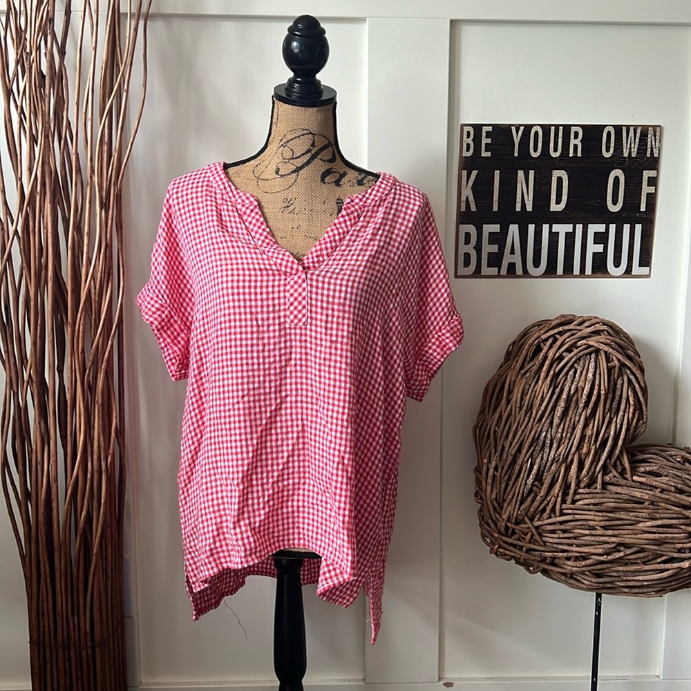 Jane and Delancey Red and White Checked V-Neck Top